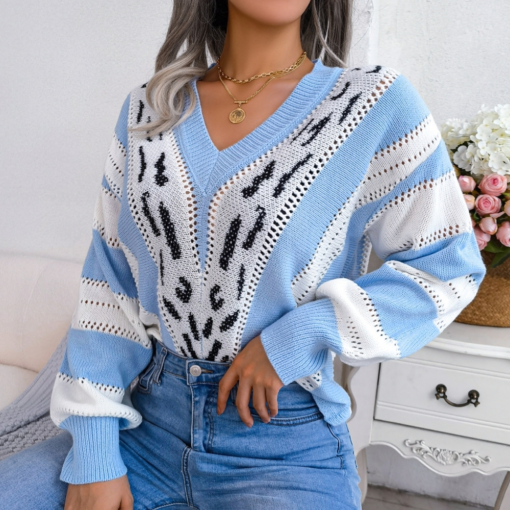 Striped Leopard Print V-Neck Balloon Sleeve Sweater - Picture 7 of 12